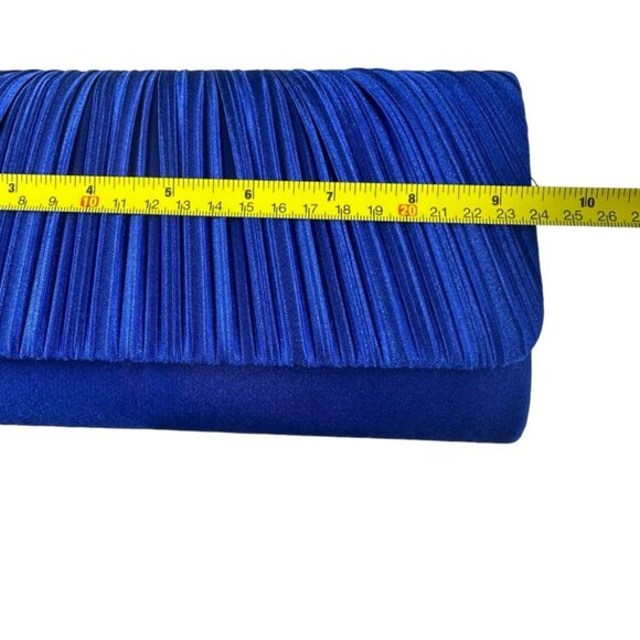 Royal Blue Ruched Satin Detail Flap Square Shiny Clutch Women's Bag Elegant - Picture 5 of 11